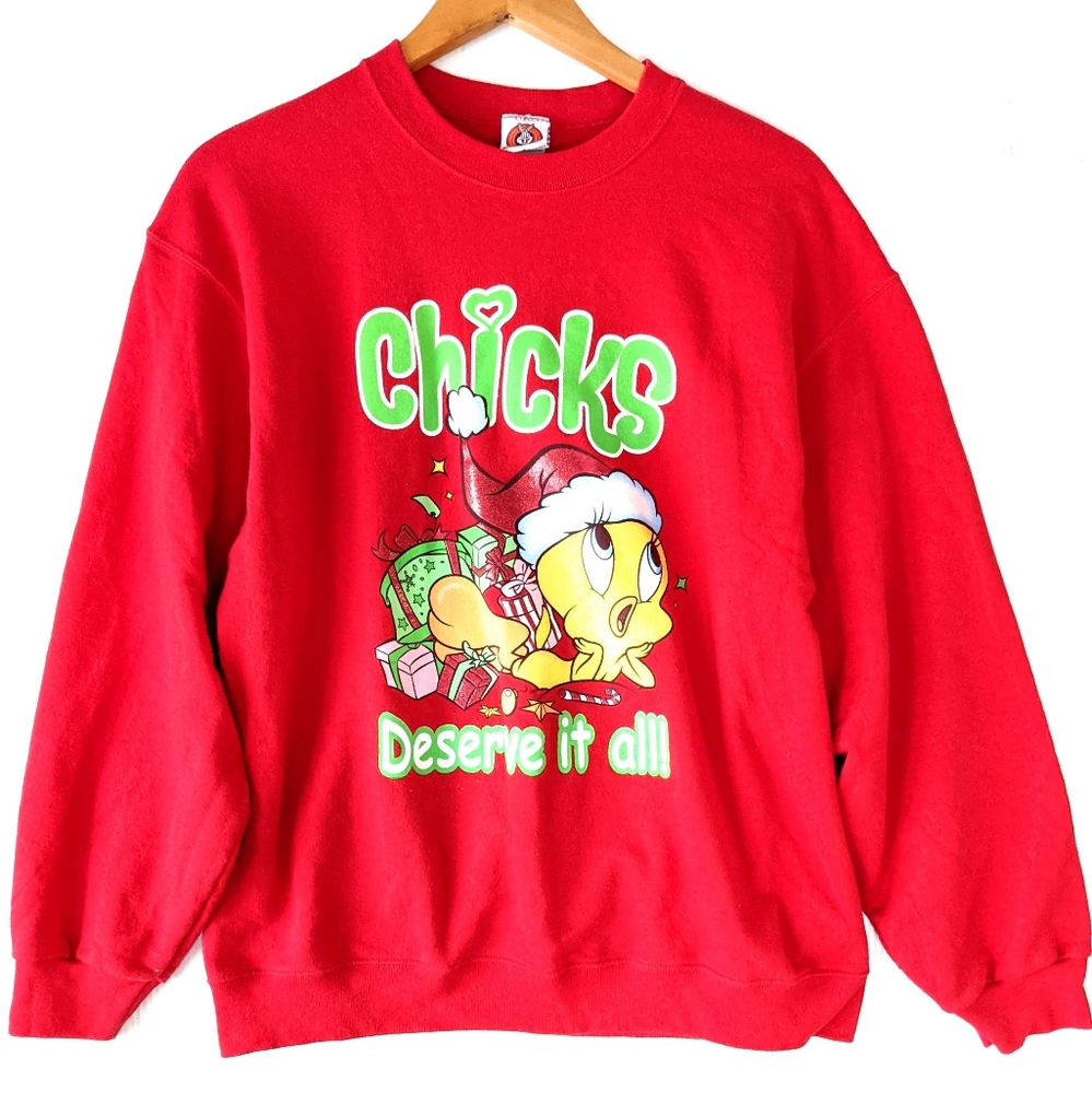 Vintage Wb Tweety Bird Chicks Deserve It All Red Christmas Crewneck Sweatshirt